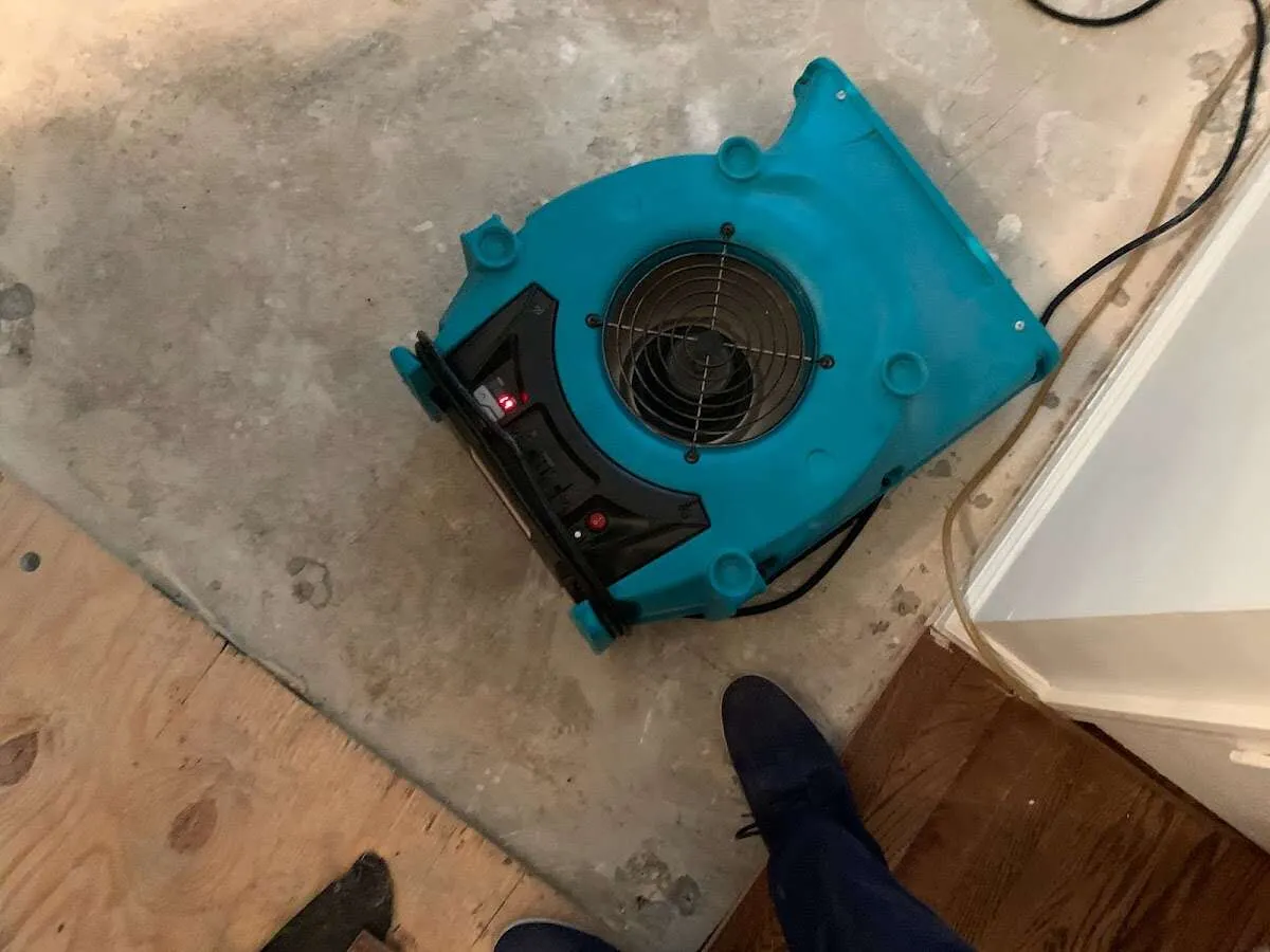 Air mover drying subfloor during Commercial Water Damage Restoration in Lakeland North